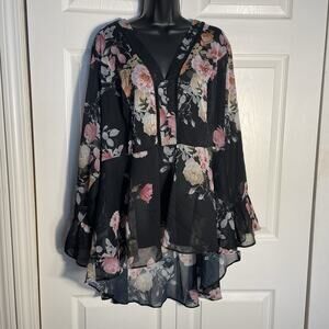 City Chic‎ Shirt Women Extra Large 22 Black Floral High Low Popover Whimsigoth